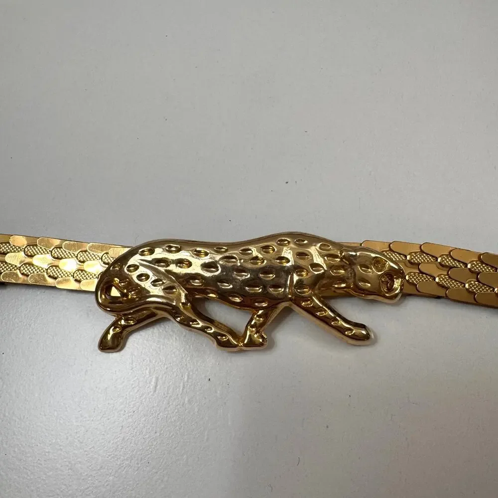 Vintage Women's Elastic Belt Black Gold Tone Dragon Scale Cheetah Brass Buckle